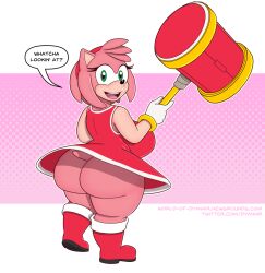 1girls amy_rose ass bbw boots breasts dialogue dress female furry hairband hammer huge_ass huge_breasts looking_back no_panties sega skirt_too_short sonic_(series) speech_bubble world-of-dymmir