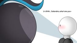 against_wall anon ass ass_bigger_than_head big_ass black_skin blush dialogue male male/male male_only massive_ass nervous oc original_character pokemon pokemon_(species) questioning salandit salandre_(sci-salandre) sci-salandre simple_background staring_at_ass surprised sweat tail