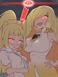 ! 2023 2girls alpha_pokémon big_breasts blonde_hair blush breasts clothing glowing_eyes kurachi_mizuki lillie_(pokemon) long_hair looking_at_viewer lusamine_(pokemon) milf mother_and_daughter open_mouth pokemon pokemon_legends:_arceus pokemon_sm ponytail red_eyes sweat thick_thighs white_skin