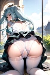 ai_generated alternate_costume aqua_eyes aqua_hair ass bare_shoulders blush butt_crack cameltoe dress embarrassed faruzan_(genshin_impact) female from_behind genshin_impact hairclip headdress huge_ass long_hair looking_at_viewer looking_back maid maid_headdress panties skirt solo thick_thighs thighhighs twintails very_long_hair