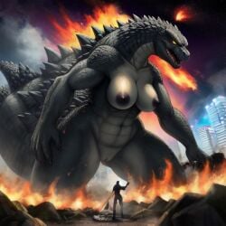 ai_generated areolae bakabaka9 city_background city_destruction dark_nipples destruction dorsal_fin fire frosting.ai giantess godzilla godzilla_(series) kaiju rule_63 size_difference spikes stars tagme