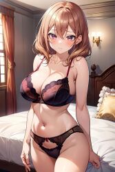 ai_generated bed big_breasts brown_hair katase_shiori lingerie looking_at_viewer my_tiny_senpai short_hair shy tagme uchi_no_kaisha_no_chiisai_senpai_no_hanashi wavy_hair