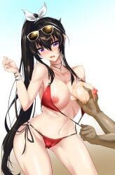 1boy1girl bikini black_hair black_hands black_male bracelet breast_grab breasts counter:side elze_(s01047480836) grabbing_breasts lotion necklace ponytail red_bikini removing_bikini removing_clothing ribbon sunglasses sunglasses_on_forehead sunglasses_on_head swimsuit swimsuit_pull twitching white_ribbon yoo_mina