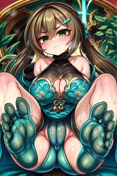 1girls 5_toes absurd_res absurdres ai_generated alternate_breast_size bare_legs big_breasts blush breasts brown_hair cameltoe cleavage closed_mouth dress feet feet_up female female_focus female_only foopanthia foot_fetish foot_focus footwear green_eyes hi_res highres honkai:_star_rail honkai_(series) legs legs_up looking_at_viewer presenting presenting_feet qingque_(honkai:_star_rail) sole_female soles stockings sweat sweating sweaty tears thick thick_thighs toes twintails