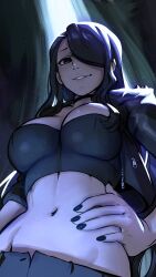 1girls big_breasts black_eyes black_hair cleavage crop_top hair_over_one_eye hand_on_hip jacket jeans long_hair looking_down nila_(telepurte) smile solo tagme telepurte viewed_from_below voluptuous wide_hips