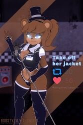 1girls 3d 3d_(artwork) anthro armwear big_breasts black_armwear black_legwear black_thighhighs blue_eyes breasts brown_fur cally3d clazzey cleavage cryptiacurves curvy fazclaire's_nightclub female female_only five_nights_at_freddy's fnaf freckles freddy_(fnaf) fredina's_nightclub fredina_(cally3d) frenni_(cryptia) frenni_fazclaire furry hat hourglass_figure legwear ponytail pths scottgames solo strip_game thick_thighs thighhighs voluptuous wide_hips