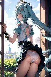 ai_generated alternate_costume aqua_eyes aqua_hair ass bare_shoulders blush butt_crack cameltoe dress embarrassed faruzan_(genshin_impact) female from_behind genshin_impact hairclip headdress long_hair looking_at_viewer looking_back maid maid_headdress panties skirt solo twintails very_long_hair