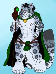 andromorph anthro bag_of_holding callum_clawford cape clothing cuntboy felid feline halloween_costume intersex magic_user male male_only mammal muscular muscular_male nude pantherine shockley23 snow_leopard solo staff