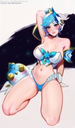 1girls belly belly_button big_breasts blue_hair blue_panties blush breasts cleavage female female_only fully_clothed hourglass_figure league_of_legends light-skinned_female merellyne orianna posing revealing_clothes sitting skimpy_clothes solo_female star_guardian_orianna star_guardian_series white_gloves