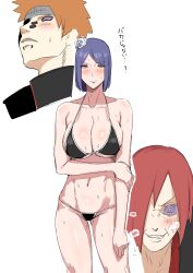 1girls 2boys akatsuki_(naruto) being_watched big_breasts bikini bikini_bottom bikini_top blue_hair blush breasts cleavage collarbone embarrassed female female_focus huge_breasts konan looking_at_partner looking_away looking_down micro_bikini midriff multiple_boys nagato naruto naruto_(series) naruto_shippuden orange_hair pain_(naruto) presenting presenting_self red_hair revealing_swimsuit rinnegan skimpy skimpy_bikini swimsuit t-man