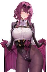 1girls blush breasts breasts_covered clothed female female female_only hips honkai:_star_rail jacket jacket_open kafka_(honkai:_star_rail) leotard looking_at_viewer purple_eyes purple_hair purple_tights ru_zhai short_hair simple_background smile solo standing sunglasses sunglasses_on_head thick thick_thighs thighs tights white_background wide_hips