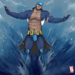 archie_(pokemon) balls bara beard body_hair bodysuit bulge doctor_anfelo facial_hair flaccid headkerchief male male_only muscular nintendo penis pokemon pokemon_oras solo solo_male team_aqua water