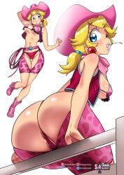 1girls absurd_res ass blonde_hair blue_eyes cameltoe cow_print cowboy_hat cowgirl cowgirl_hat cowgirl_outfit cowgirl_peach earrings female female_only hat light-skinned_female light_skin looking_at_viewer looking_back mario_(series) nintendo panties partially_clothed pink_clothing ponytail princess_peach rear_view sasatseng sitting smiling smiling_at_viewer solo tied_hair