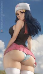 ass beanie blue_eyes blue_hair blush breasts cloud clouds cloudy_sky curvaceous dawn_(pokemon) female female_only fully_clothed hartman_hips hat large_breasts long_hair looking_pleasured looking_up low-angle_view meekohopanes microskirt miniskirt pokemon revealing_clothes skimpy_clothes skirt solo standing stockings thick_ass upskirt video_game video_game_character video_games