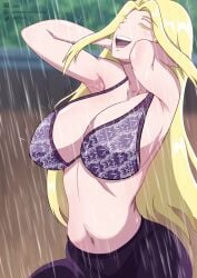 2bls armpit armpit_peek armpits arms_behind_back arms_behind_head arms_up beatrix_amerhauser blonde_hair bra breasts closed_eyes light-skinned_female light_skin long_hair raining zom_100_zombie_ni_naru_made_ni_shitai_100_no_koto