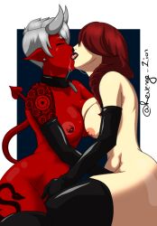 breasts closed_eyes demon_girl demon_horns demon_humanoid demon_tail dominant_female domination horned_female horned_humanoid horns horny_female kiss_on_lips kissing latex_armwear latex_gloves latex_legwear latex_stockings latex_thighhighs lesbian_couple lesbian_kiss lipstick long_hair pointy_ears pointy_tail red_hair short_hair tail tailwag thick_legs thick_thighs thigh_highs thigh_socks thighhighs thighs white_hair yuri