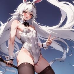 1boy ai_generated bare_shoulders black_bowtie blush bowtie brown_eyes bulge bunny_boy bunny_costume bunny_ears bunny_tail bunnysuit crossdressing crossdressing_male cute_male detached_collar detached_cuffs femboy femboy_only hair_intakes highleg highleg_leotard highres hips holding holding_wand long_hair looking_at_viewer male male_playboy_bunny navel navel_visible_through_clothes open_mouth original original_character peace_sign playboy_bunny playboy_bunny_leotard prosopagnosic_hitman rabbit_ears ribs self_upload smile solo stable_diffusion stockings strapless thick_thighs thighhighs trap very_long_hair wand white_hair white_leotard white_wrist_cuffs wrist_cuffs