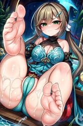 1girls 5_toes absurd_res absurdres ai_generated alternate_breast_size bare_legs barefoot big_breasts blush breasts brown_hair cleavage closed_mouth dress feet feet_up female female_focus female_only foopanthia foot_fetish foot_focus foot_play green_eyes hi_res highres honkai:_star_rail honkai_(series) legs legs_up looking_at_viewer presenting presenting_feet qingque_(honkai:_star_rail) sole_female soles spread_legs sweat sweating sweaty tears thick thick_thighs toes twintails wet wet_body