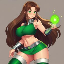 ai_generated armpits ben_10 ben_tennyson benfire brown_hair cosplay crop_top dc female female_ben green_eyes rule_63 skirt starfire teen_titans thighhighs