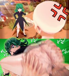 1boy 1girls 3d blackflames3 comic comic_panel female green_eyes green_hair heels high_heels light-skinned_male light_skin one-punch_man saitama stand_and_carry_position tatsumaki