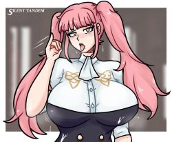 blowjob_gesture fellatio_gesture fire_emblem fire_emblem:_three_houses fully_clothed garreg_mach_monastery_uniform gesture hand_gesture heart-shaped_pupils hilda_valentine_goneril horny oral_invitation pink_hair silenttandem student teasing tongue_out