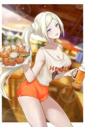 1girls alternate_costume alternate_hairstyle breasts cleavage edelgard_von_hresvelg female female_only fire_emblem fire_emblem:_three_houses grey_hair hooters hooters_uniform large_breasts nintendo post-timeskip purple_eyes sauvignon side_ponytail solo tank_top thighs waitress