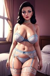 ai_generated bioshock bioshock_infinite black_hair blue_eyes burial_at_sea choker elizabeth_comstock elizabeth_comstock_(burial_at_sea) female large_breasts lingerie lipstick seductive self_upload solo stable_diffusion thick_thighs