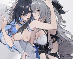 2girls aged_up assertive_female black_headwear breasts breasts_out bronya_zaychik bronya_zaychik_(silverwing:_n-ex) cleavage closed_mouth colored_inner_hair dress earrings english_commentary flower grey_hair hair_flower hair_ornament hand_on_another's_head hand_on_another's_stomach highres honkai_(series) honkai_impact_3rd jewelry looking_at_another medium_breasts mie_xing multicolored_hair multiple_girls nipples open_mouth seele_vollerei seele_vollerei_(herrscher_of_rebirth) simple_background small_breasts smile twitter_username upper_body white_background white_flower yuri