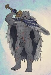 1boy 2022 anthro balls bara big_balls blaidd_(elden_ring) canid canine canis cloak completely_nude dark_fur elden_ring fangs fromsoftware fur furry gay grey_body grey_fur hi_res highres looking_at_viewer male male_focus male_nipples male_only mammal masculine_male muscular muscular_anthro nipples nude scars_all_over solo solo_male sword teeth teeth_visible wolf yaoi