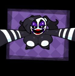 black_border black_hair bodysuit border breasts checkered_background crushtrap female five_nights_at_freddy's five_nights_at_freddy's_2 jumpscare large_breasts lipstick long_hair looking_at_viewer makeup marionette_(fnaf) mask open_mouth outstretched_arms puppet_(fnaf) purple_background smile solo twintails