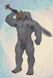 1boy 2022 animal_genitalia animal_penis anthro balls bara big_balls blaidd_(elden_ring) canid canine canis completely_nude dark_fur elden_ring fangs fromsoftware fur furry gay grey_body grey_fur hi_res highres looking_at_viewer male male_focus male_nipples male_only mammal masculine_male muscular muscular_anthro nipples nude penis scars_all_over solo solo_male sword teeth teeth_visible wolf yaoi