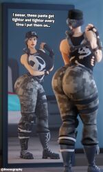 arm_under_breasts big_ass big_breasts bubble_butt concerned dialogue doonography fortnite fortnite:_battle_royale headhunter_(fortnite) looking_at_mirror mirror mirror_reflection survival_specialist text thick_ass thick_thighs thighs