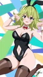 bunny_ears bunnysuit fluffy_tail green_eyes green_hair indexryo my_hero_academia red_bowtie thighhighs tooru_hagakure tooru_hagakure_(visible)