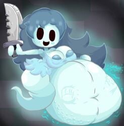 1girls big_ass big_breasts blue_hair blue_nipples blue_skin breasts_out_of_clothes fat_female floating ghost ghost_girl gurgle gurgling holding_object huge_belly hyper_belly mysticemerald_(artist) nitrobutter smiling_at_viewer spooky's_house_of_jump_scares spooky_(shojs) stomach_noises struggling_prey vore vore_belly