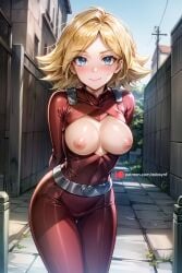 1girls ahoge ai_generated alley arms_behind_back bangs belt blonde_hair blue_eyes blush blushing_at_viewer bodysuit boob_window breastless_clothes breastless_clothing breasts breasts_out building casual_nudity city closed_mouth clover_(totally_spies) cowboy_shot day edosynf female happy_female heroine highres large_breasts leaning_forward looking_at_viewer medium_breasts nipples open_bodysuit outdoors parted_bangs public_indecency red_bodysuit road short_hair skin_tight slight_blush smile solo spiky_hair standing street thigh_gap totally_spies upwing_bell