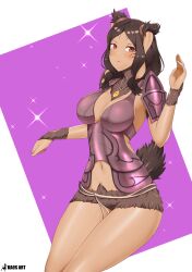 1girls accessory armpits bare_midriff bare_thighs breasts brown_hair cleavage dark-skinned_female dark_skin female female_only fire_emblem fire_emblem_awakening kaos_art large_breasts looking_at_viewer medium_hair midriff monster_girl necklace nintendo panne_(fire_emblem) purple_background rabbit_girl red_eyes rock sideboob smile solo thighs weapon