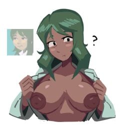 big_breasts big_nipples black_eyes breasts breasts_out brown_body brown_nipples brown_skin cave_story dark_areola dark_nipples doukutsu_monogatari exposed_breasts female female_focus female_only flashing green_hair kaey0h labcoat looking_at_viewer milf momorin_sakamoto mother naked_labcoat open_clothes presenting presenting_breasts question_mark