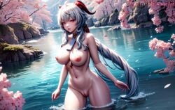 absurdres ahoge ai_generated bangs blush breasts cherry_blossoms female ganyu_(genshin_impact) genshin_impact highres horns large_breasts long_hair looking_at_viewer navel nipples niraniri nude outdoors parted_lips petals pussy sidelocks solo standing thighs very_long_hair wading water watermark