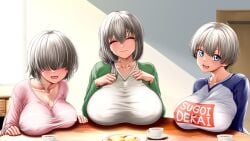 3girls alternate_version_available big_breasts blue_eyes blush breast_focus breasts closed_eyes clothing daughter female female_only grey_hair hair hair_over_eyes huge_breasts large_breasts lips looking_at_viewer mature mature_female mature_woman milf mother mother_and_daughter osuzu_akiomi shirt short_hair smile submissive_pose topwear uzaki-chan_wa_asobitai! uzaki_hana uzaki_tsuki uzaki_yanagi