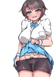 1girls alternate_costume cowboy_shot full-face_blush hololive hololive_gen_2 hololive_japan large_breasts naughty_face oozora_subaru pubic_hair pubic_hair_peek removing_pants skirt_lift virtual_youtuber