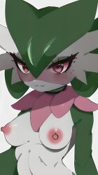 ai_generated blush gardevoir green_hair grey_skin mask medium_breasts meowscarada pink_eyes pokefusion pokemon pokemon_(species) pokemon_sv solo stable_diffusion