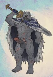 1boy 2022 anthro balls bara big_balls big_penis blaidd_(elden_ring) canid canine canis cloak completely_nude dark_fur elden_ring erection fangs fromsoftware fur furry gay grey_body grey_fur hi_res highres looking_at_viewer male male_focus male_nipples male_only mammal masculine_male muscular muscular_anthro nipples nude penis scars_all_over solo solo_male sword teeth teeth_visible wolf yaoi