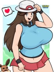 1animal 1girls alternate_breast_size brown_hair eevee fully_clothed hat huge_breasts leaf_(pokemon) pokemon pokemon_rgby pokemon_trainer red_skirt silenttandem