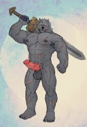 1boy 2022 animal_genitalia animal_penis anthro balls bara big_balls big_penis blaidd_(elden_ring) canid canine canine_penis canis completely_nude dark_fur elden_ring erection fangs fromsoftware fur furry gay grey_body grey_fur hi_res highres knot looking_at_viewer male male_focus male_nipples male_only mammal masculine_male muscular muscular_anthro nipples nude penis scars_all_over solo solo_male sword teeth teeth_visible wolf yaoi