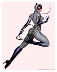 1girls ass batman:_the_animated_series batman_(series) bodysuit catwoman catwoman_(dcau) clothed dc dc_comics dcau female female_only high_heel_boots john_keaveney knee_boots solo whip white_background