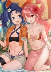 2girls :d ;d absurdres alternate_costume aqua_scrunchie bikini bikini_under_clothes black_bikini blue_bikini blue_eyes blue_hair blue_sky bow breast_press breasts cleavage collarbone commission cropped_jacket day eyewear_on_head female female_only fire_emblem fire_emblem:_mystery_of_the_emblem fire_emblem:_new_mystery_of_the_emblem flower grey_shorts hair_flower hair_ornament hair_scrunchie hairbow halterneck hand_on_another's_hip haru_(nakajou-28) hibiscus high_ponytail highleg highleg_bikini highres jacket kneeling kris_(female)_(fire_emblem) kris_(fire_emblem) large_breasts long_hair medium_breasts multi-strapped_bikini multiple_girls navel nintendo o-ring o-ring_bikini o-ring_top one_eye_closed open_clothes open_jacket open_mouth open_shorts orange_jacket palm_tree partially_submerged phina_(fire_emblem) pink-tinted_eyewear pink_bow pink_hair ponytail purple_bikini red_bikini red_eyes red_flower sarong scrunchie short_shorts shorts side-tie_bikini_bottom signature sitting sky sleeves_rolled_up smile stomach sunglasses swimsuit thigh_strap tinted_eyewear tree twitter_username two-tone_bikini very_long_hair water white_flower wristband yellow-framed_eyewear yellow_bikini yellow_bow yokozuwari