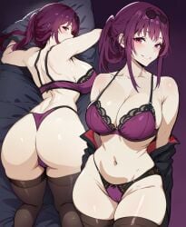 1girls ai_generated ass bra breasts dat_ass female hi_res honkai:_star_rail honkai_(series) huge_ass huge_breasts kafka_(honkai:_star_rail) kisou light-skinned_female light_skin long_hair naughty_face panties purple_eyes purple_hair textless thick_thighs