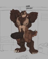 1boy 2023 4_toes absurd_res anthro armpit_hair balls black_nipples black_nose bodily_fluids body_hair brown_body brown_fur brown_hair chest_tuft dialogue english_text feet foreskin fur genitals grey_background gulonine hair hi_res higgs_(higgsfigs) higgsfigs humanoid_genitalia humanoid_penis locker locker_room male male_only mammal muscular muscular_anthro muscular_male mustelid musteline nipples one_eye_closed orange_sclera penis simple_background smile solo sweat text toes tuft vein veiny_penis wolverine