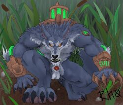 anatomically_correct anatomically_correct_genitalia animal_genitalia animal_penis anthro aroused balls breasts canid canine canis claws detailed_background digital_media_(artwork) dirt domestic_dog fangs feet fingers fog forest fur genitals glowing glowing_eyes half-erect hi_res jungle league_of_legends looking_at_viewer machine male mammal muscular muscular_anthro muscular_male nipples nude open_mouth outside paws pecs peeking_penis penis plant rhox riot_games rock sheath simple_background solo solo_male tail teeth toes tree white_body white_fur wolf