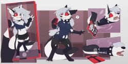 anthro canid canid_demon clothed clothing collar demon fauvfox female fur grey_hair hair hellhound helluva_boss hi_res living_onahole living_sex_toy loona_(helluva_boss) mammal sex_toy_transformation solo transformation white_body white_fur